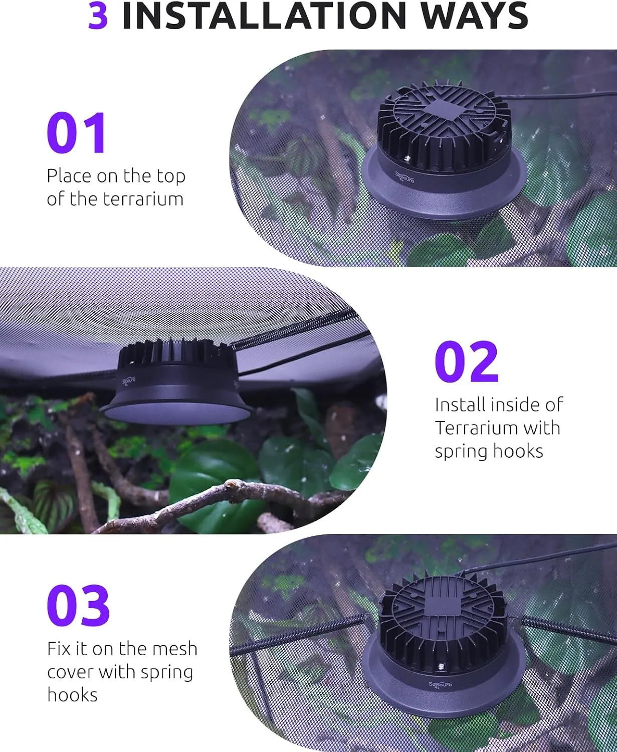 3 installation methods terrarium UVB light spring hook setup guide