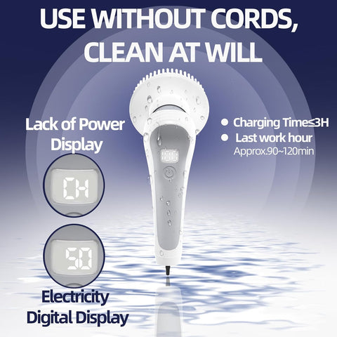 Rechargeable Electric Aquarium Cleaning Brush, IP68 Waterproof Electric Cleaning Tool Kit with 6 Replaceable Swivel Heads, Power Aquarium Brush 2 Adjustable Speeds, Removable/Adjustable Long Handle