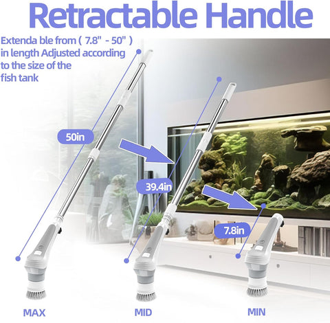 Rechargeable Electric Aquarium Cleaning Brush, IP68 Waterproof Electric Cleaning Tool Kit with 6 Replaceable Swivel Heads, Power Aquarium Brush 2 Adjustable Speeds, Removable/Adjustable Long Handle
