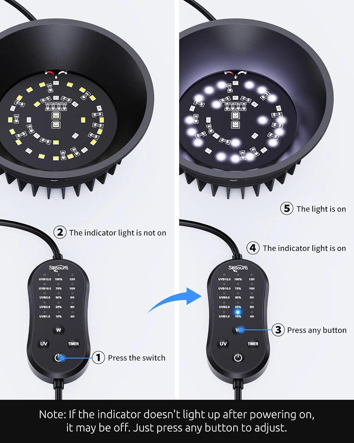 Dual LED chip UV reptile lamp controller operation steps diagram