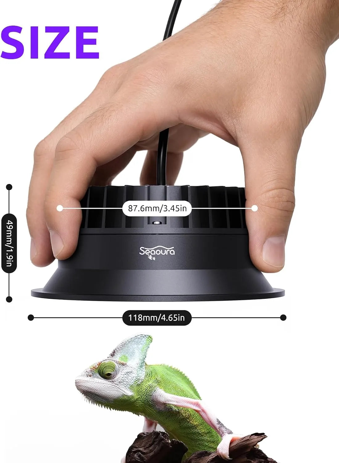 Mini reptile UV lamp physical dimension size diagram
