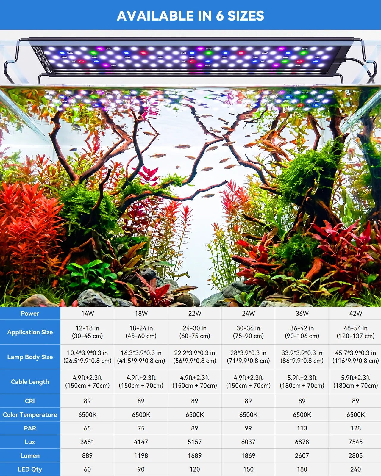 SR-654 Seaoura aquarium light 6 sizes specification chart