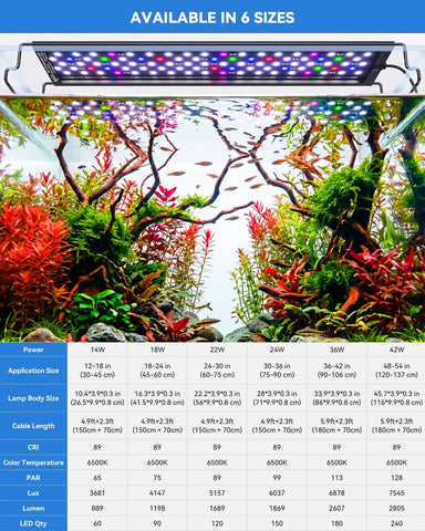 SR-654 Seaoura aquarium light 6 sizes specification chart
