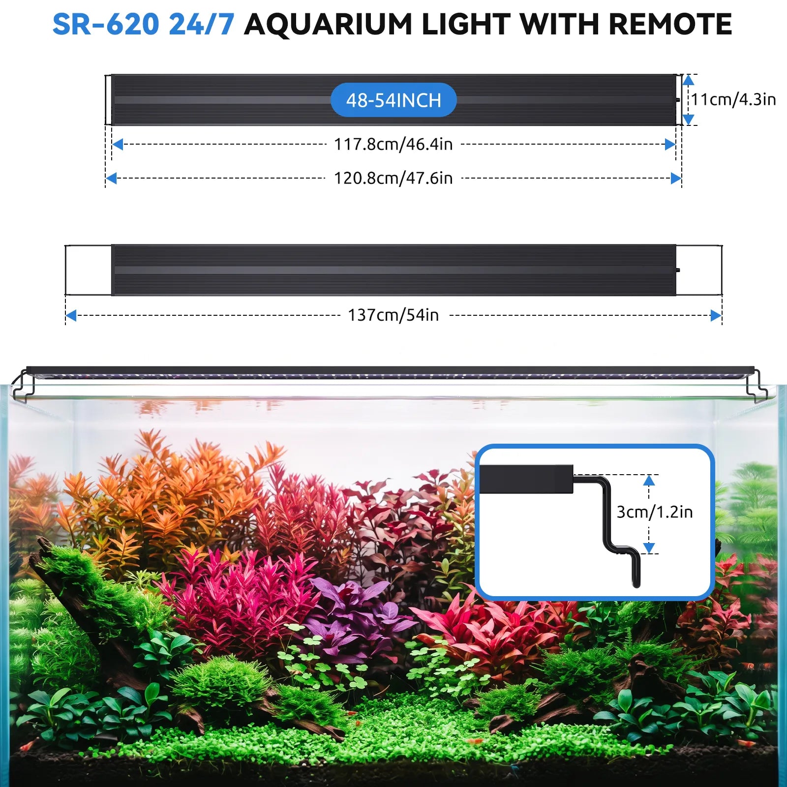 SR 620 aquarium light dimension and installation diagram