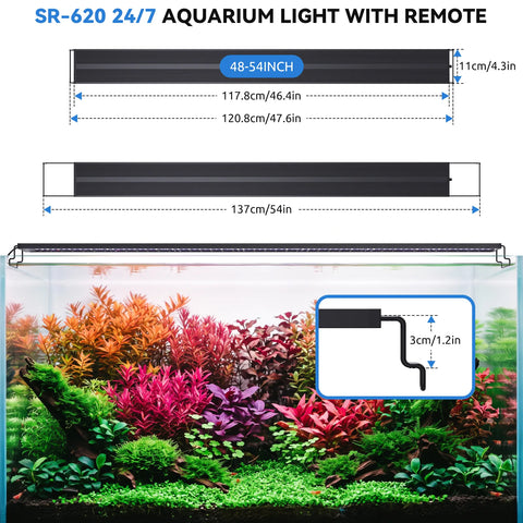 SR 620 aquarium light dimension and installation diagram