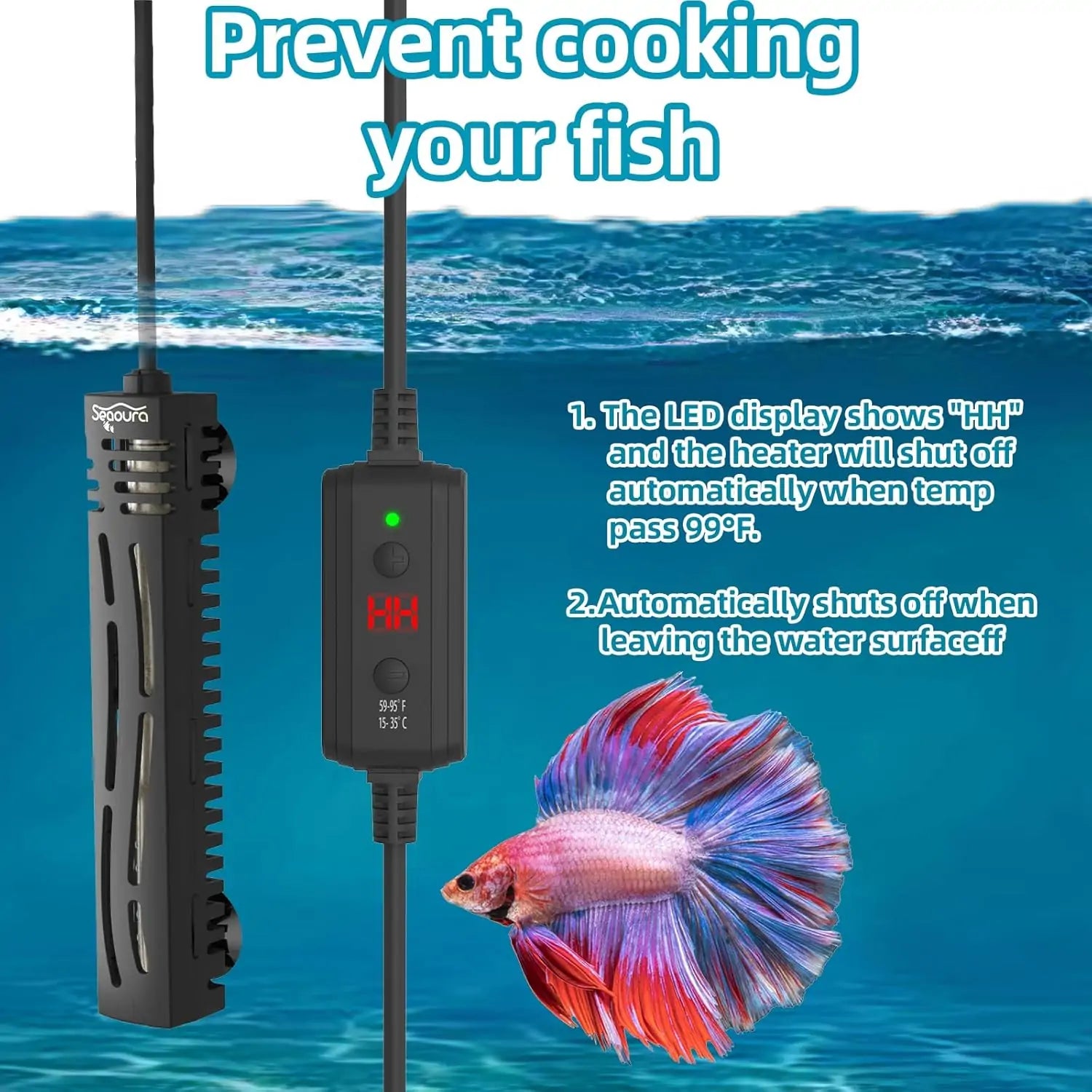 Seaoura SR-308 Mini LED Display Aquarium Heater with Temperature Control